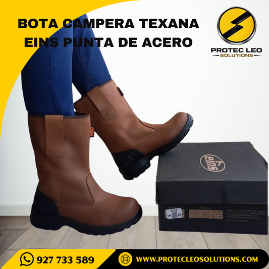 Bota campera texana Eins punta de acero, detalle de suela y caña alta