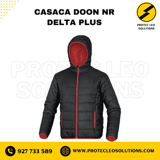 Casaca Doon NR Delta Plus negra con rojo, para trabajos industriales, resistente al frío, marca Delta Plus.